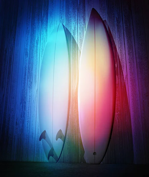 Colorful view on two standing custom white surfboards - 3d illustration — 스톡 사진