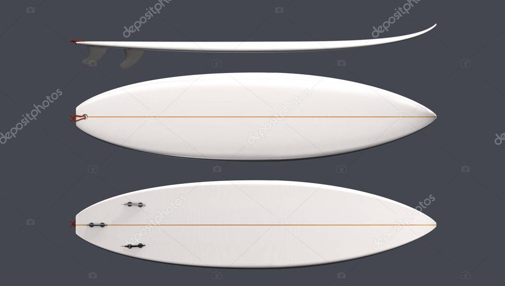 White custom surfboard top, front and side view with fins - 3d illustration