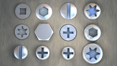 Çeşitli metal vida başlarının üst görünümü - 3D illüstrasyon