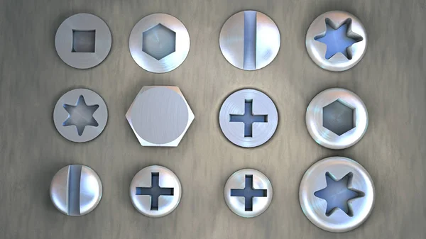 Вид сверху на различные металлические винтовые головки - 3d иллюстрация — стоковое фото