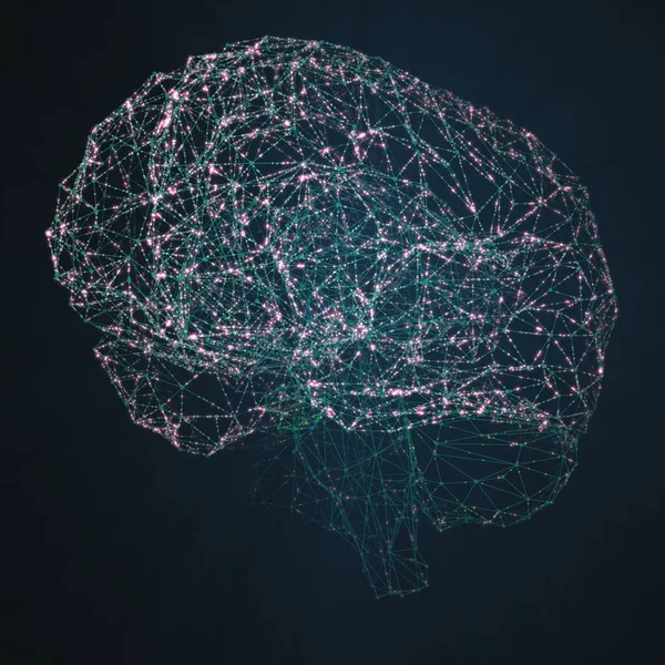 Kolorowy ludzki mózg reprezentowany przez punkty świetlne połączone liniami - ilustracja 3D — Zdjęcie stockowe