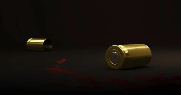 血痕の隣にある犯罪現場に横たわる小さな銃器の2つのカートリッジケース 3Dイラスト — ストック写真
