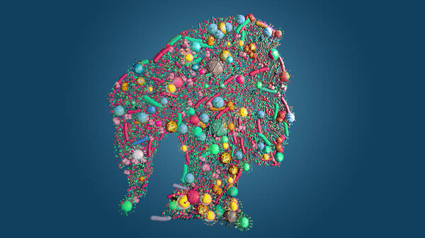 Силуэт человека с кожной флорой, микроорганизмами, которые естественным образом колонизируют человеческую кожу - 3d иллюстрация
