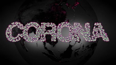 Corona yazıları dünyanın üzerinde süzülüyor - 3D illüstrasyon