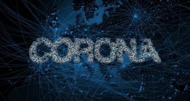 Corona yazıları dünyanın üzerinde süzülüyor - 3D illüstrasyon