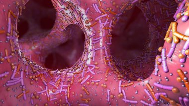 Different germs in the human intestines called microbiota - 3d illustration clipart