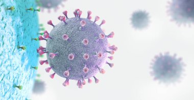 Virüs patojeni veya virüs parçacığı hücre ile etkileşime giriyor - 3d illüstrasyon