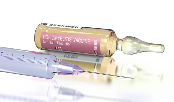 前景には ポリオワクチンと注射器でいっぱいのアンプルが横たわっています 3Dイラスト — ストック写真