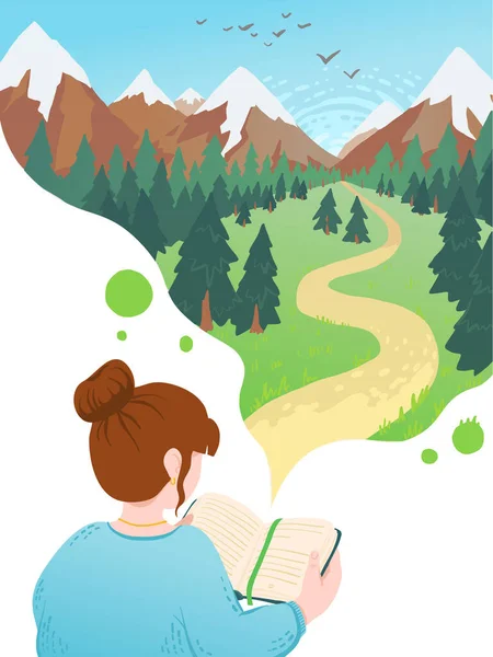 Vector Illustration Young Woman Reading Book Dreaming Motivational Literature Fan — Stock Vector