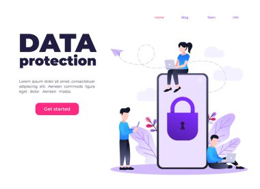 Cep telefonu verilerinin ve kişisel bilgilerin korunması, kilitli cep telefonu, veri erişim konsepti, çiçekli karikatür insanları vektörü.