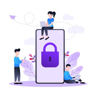 Cep telefonu verilerinin ve kişisel bilgilerin korunması, kilitli cep telefonu, veri erişim konsepti, çiçekli karikatür insanları vektörü.