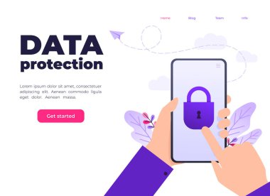 Cep telefonu verilerinin ve kişisel bilgilerin korunması, kilitli cep telefonu, veri erişim konsepti, çiçekli düz çizgi film vektörü.