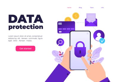 Cep telefonu verilerinin ve kişisel bilgilerin korunması, kilitli cep telefonu, veri erişim konsepti, çiçekli düz çizgi film vektörü.