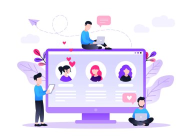 Dizüstü bilgisayarda oturmuş, Web Sitesinde Aşk Ortağını Arıyor, Sanal Gerçeklik İnsan İlişkileri, Farklı Kadınlarla İnternette Sohbet Eden Erkekler, İletişim, Çizgi Film Düzey Vektör İlülasyonu
