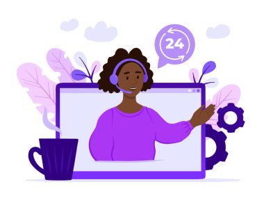 Konsept müşteri ve operatör, web sayfası için 7 / 24 çevrimiçi teknik destek. Vektör illüstrasyon Afro-Amerikan kadın yardım hattı operatörü müvekkiline tavsiyede bulunuyor. Çevrimiçi asistan, sanal yardım servisi.