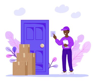 Gülümseyen Afrikalı Amerikan kuryesi evin kapısını çalıyor. Paketlerin ve malların eve teslimatı. Paketler teslimat servisi. Düz dizayn çizgi film tarzı. Çevrimiçi dağıtım