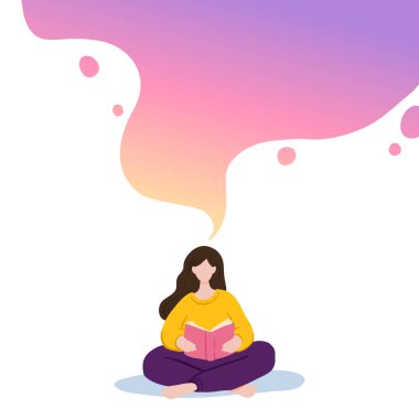 Oturan, kitap okuyan, rüya gören bir kızın vektör çizimi. Motivasyon edebiyatı hayranıyım. Renkli gradyan konsept çizimi.