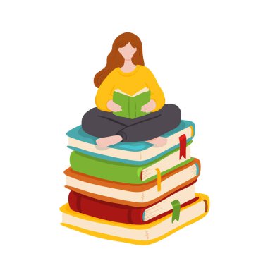 Dev kitap yığınının üzerinde oturan ve kitap okuyan genç bir kadının vektör çizimi. Motivasyon edebiyatı hayranıyım. Renkli konsept çizimi.