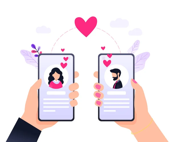 Conectados Namoro Relações Virtuais Namoro Conceito Aplicações Ilustração Vetorial Plana —  Vetores de Stock