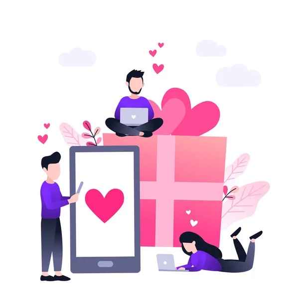 Gelukkige Valentijnsdag Groot Cadeau Smartphone Met Hart Kleine Mensen Met — Stockvector