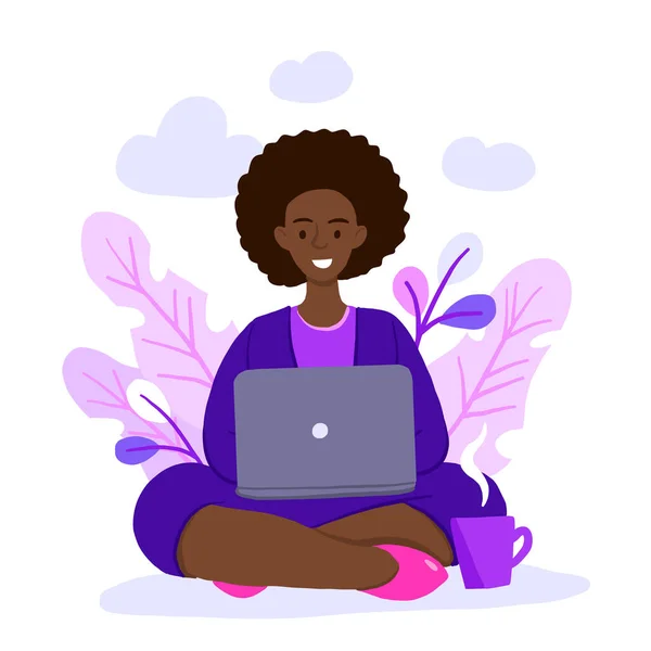 Illustrasjon Internettassistent Arbeidsplassen Leder Fjernarbeid Frilanser Afroamerikansk Kvinne Som Jobber – stockvektor