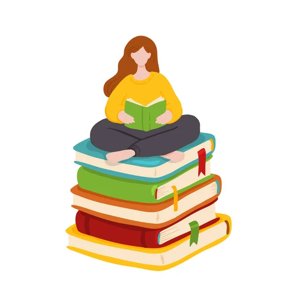 Illustration Vectorielle Une Jeune Femme Assise Sur Une Pile Livres — Image vectorielle