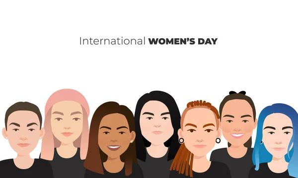 国際女性デー 異なる民族の女性の多様な顔 カード ポスター チラシや他のユーザーのためのベクトルテンプレート 女性のエンパワメント運動 — ストックベクタ