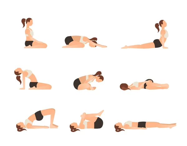 瑜伽姿势是为了更好的睡眠 女人们穿着运动胸罩和短裤 从失眠和放松的角度来做运动的病媒图解 平面矢量设计中的健康海报 在白色孤立的背景下 — 图库矢量图片