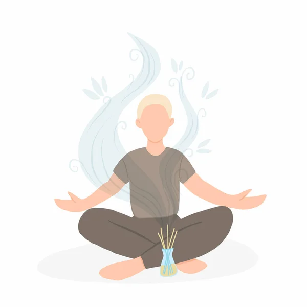 Jeune Homme Assis Dans Pose Lotus Avec Diffuseur Arôme Aromathérapie — Image vectorielle