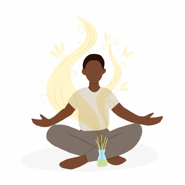 Jovem Afro Americano Sentado Lótus Posar Com Difusor Aroma Aromaterapia —  Vetores de Stock