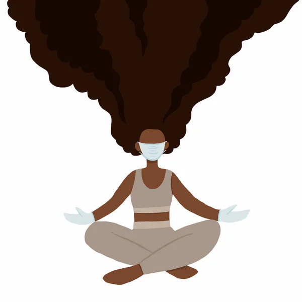 年轻的非洲裔美国女人 戴着面具 坐着荷花姿势 做瑜伽 格调扁平 应力概念矢量说明 验尸和流行病安全 — 图库矢量图片