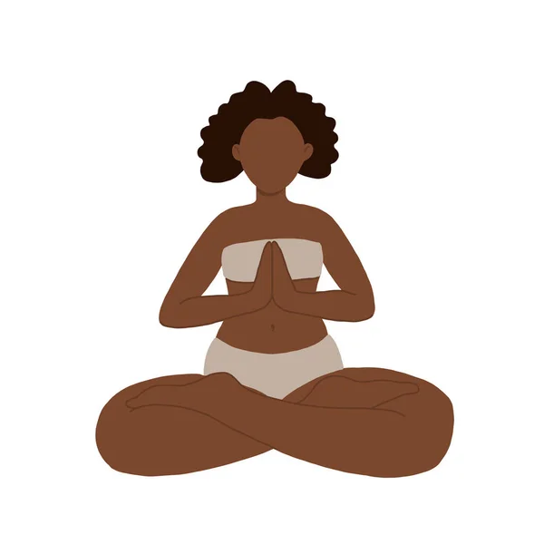 健康的非洲裔美国女孩做瑜伽训练 以莲花的姿势坐着 摆好姿势 做冥想和呼吸练习 — 图库矢量图片