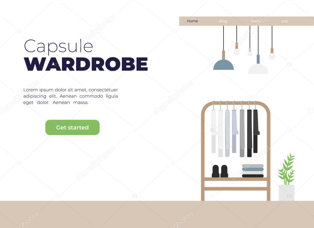 Vector flat illustration about capsule wardrobe. Modern landing page template of wooden cloth rack in minimalistic room with flower in a pot. Scandinavian unisex wardrobe.