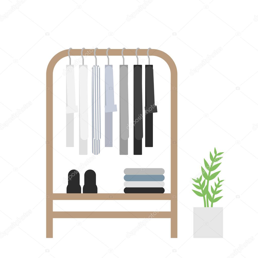 Vector flat illustration about capsule wardrobe. Modern landing page template of wooden cloth rack in minimalistic room with flower in a pot. Scandinavian unisex wardrobe.