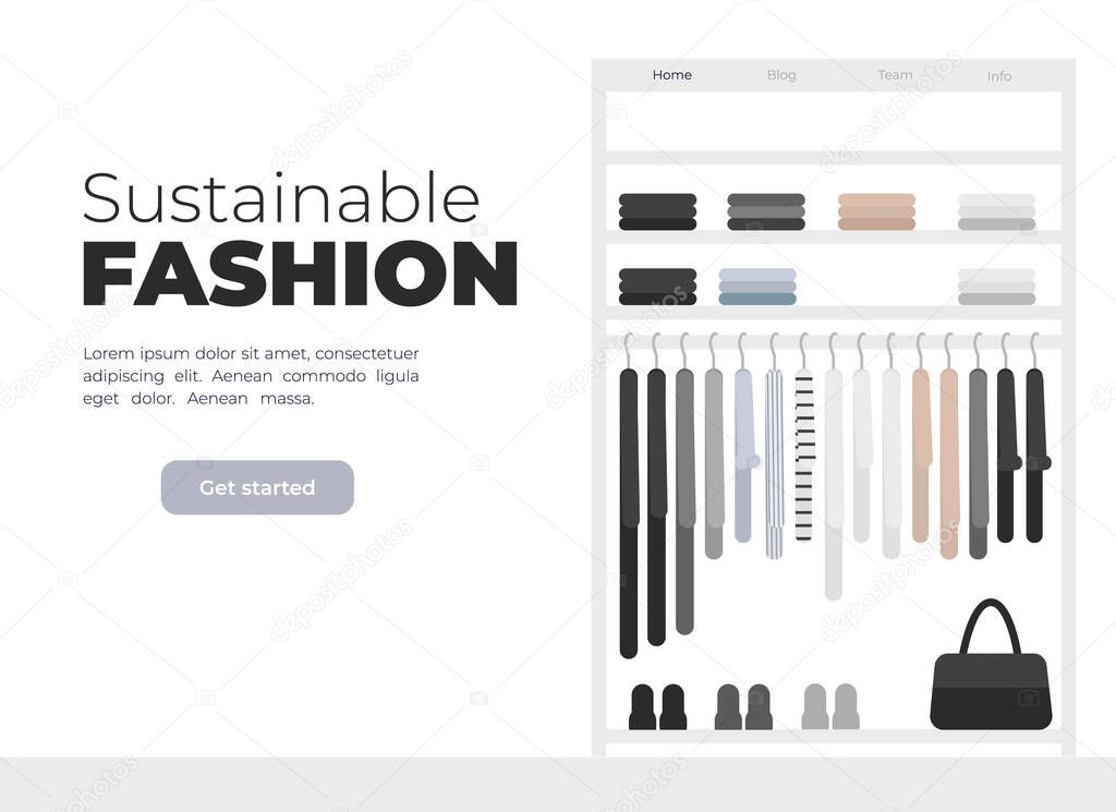 Vector illustration for slow fashion. Capsule wardrobe of sustainable fashion. Gender neutral clothing on hangers. Eco friendly brend of clothing. landing page template