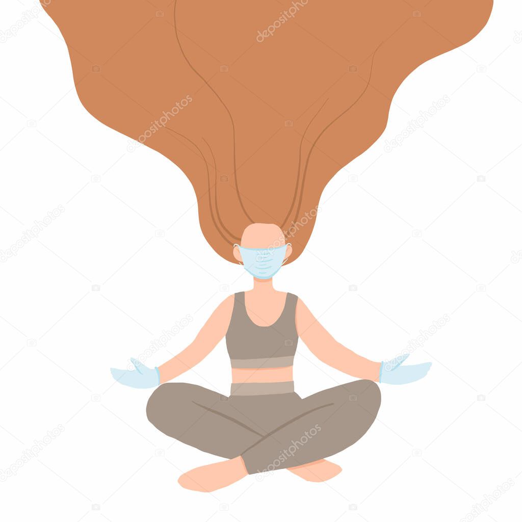 Young woman with face mask sitting in lotus position and doing yoga, flat style. Stress concept vector illustration. Quarantine, coronavirus epidemia safety.