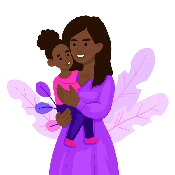Afroamerikansk mor som klemmer sin datter. Mor omfavner den lille datteren og uttrykker kjærlighet og omsorg. Vakre tegneseriefigurer isolert på hvit bakgrunn . – stockvektor