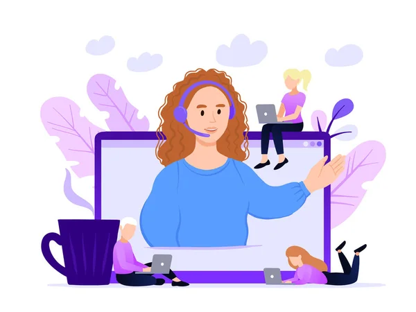 Konsept müşteri ve operatör, web sayfası için 7 / 24 çevrimiçi teknik destek. Vektör illüstrasyon kızıl saçlı kadın yardım hattı operatörü müşteriye tavsiyede bulunuyor. Çevrimiçi asistan, sanal yardım servisi.