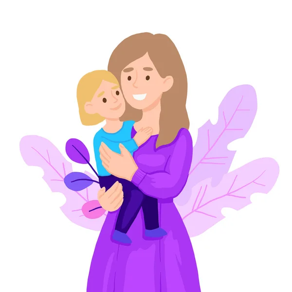 Mamãe abraçando sua menina criança. Mãe abraçando filhinha e expressando amor e cuidado. Adoráveis personagens de desenhos animados isolados no fundo branco . — Vetor de Stock