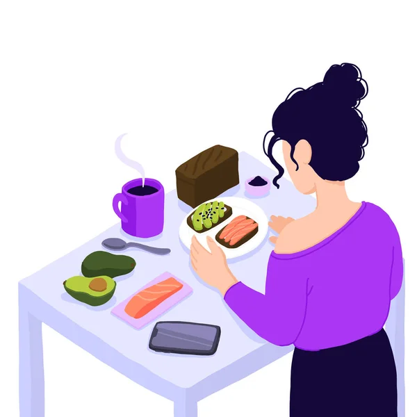 Isometrisk syn på kjøkkenet med en ung kvinne som lager sunt måltid. Jente på avokado og lakserøde ristet brød med kaffetilberedning. Smarttelefon applikasjonsside for hjemmeoppskrift Organisk ernæring – stockvektor