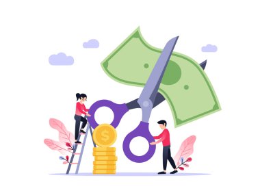 Kesik çizgide dolar kesen büyük bir makas. Oranın vektör düz çizimi. Mali konsept.