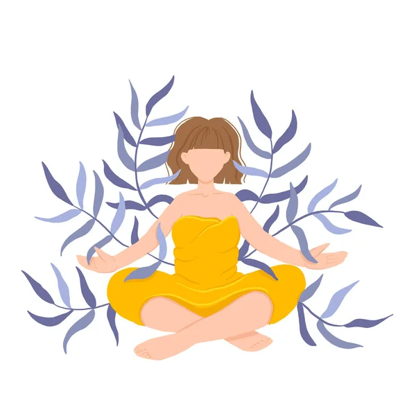 Девушка в йоге лотос практикует медитацию. Векторная иллюстрация в плоском стиле. Молодая женщина медитирует, заботится о себе. Спокойствие и медитация — стоковый вектор