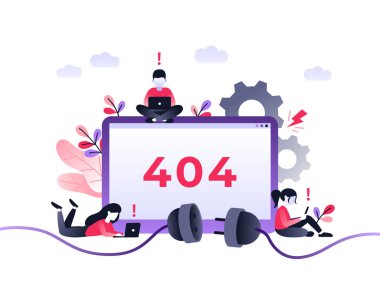 Web sayfası, afiş, sunum, sosyal medya, belgeler için Flat Concept 404 Hata Sayfası veya Dosya bulunamadı. Web sitesi bakım hatası, inşaat halindeki web sayfası. Vektör ultraviyole çizimi