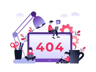 Web sayfası, afiş, sunum, sosyal medya, belgeler için Flat Concept 404 Hata Sayfası veya Dosya bulunamadı. Web sitesi bakım hatası, inşaat halindeki web sayfası. Vektör ultraviyole çizimi