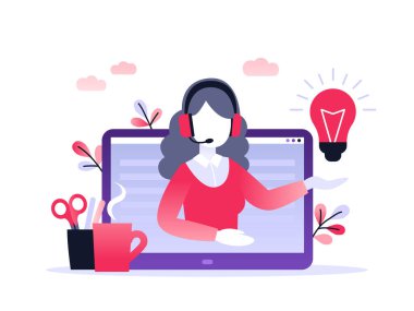 Konsept müşteri ve operatör, web sayfası için 7 / 24 çevrimiçi teknik destek. Vektör illüstrasyon kadın yardım hattı operatörü müşteriye tavsiyede bulunuyor. Çevrimiçi asistan, canlı mercan paletinde sanal yardım