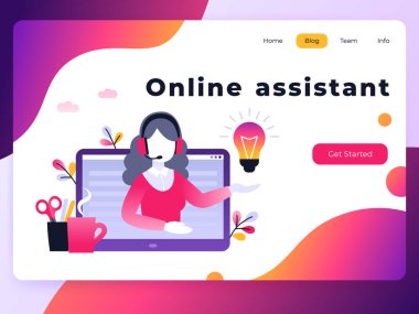 Konsept müşteri ve operatör, web sayfası için 7 / 24 çevrimiçi teknik destek. Vektör iniş sayfası şablonu kadın yardım hattı operatörü müşteriye tavsiye ediyor. Çevrimiçi asistan, sanal yardım servisi.