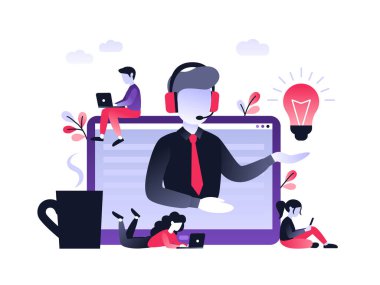 Konsept müşteri ve operatör, web sayfası için 7 / 24 çevrimiçi teknik destek. Vektör illüstrasyon erkek yardım hattı operatörü müşteriye tavsiyede bulunuyor. Çevrimiçi asistan, iş için sanal yardım servisi.