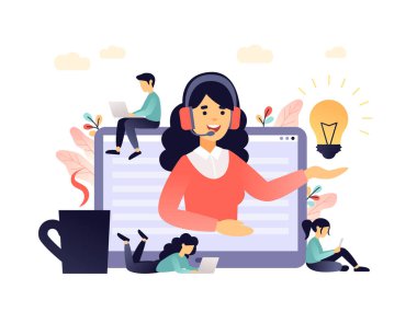 Konsept müşteri ve operatör, web sayfası için 7 / 24 çevrimiçi teknik destek. Vektör illüstrasyon kadın yardım hattı operatörü müşteriye tavsiyede bulunuyor. Çevrimiçi asistan, canlı mercan paletinde sanal yardım