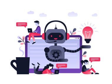 Chatbot işi konsepti. Sitenin modern afişi. Chatbot, yapay zeka, müşteri desteği, robot hattı. Masasında bilgisayar olan ultra mor düz vektör çizimi küçük insanlar