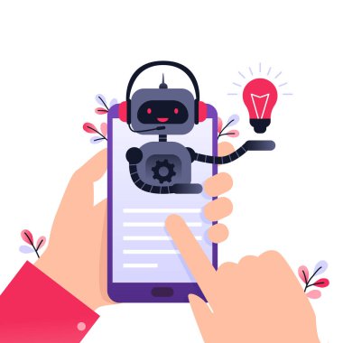 Chatbot işi konsepti. Sitenin modern afişi. Chatbot, yapay zeka, müşteri desteği, robot hattı. Akıllı telefonlu ultra mor düz vektör çizimi